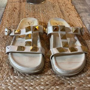 Valentino Cream and Gold Studded Slides